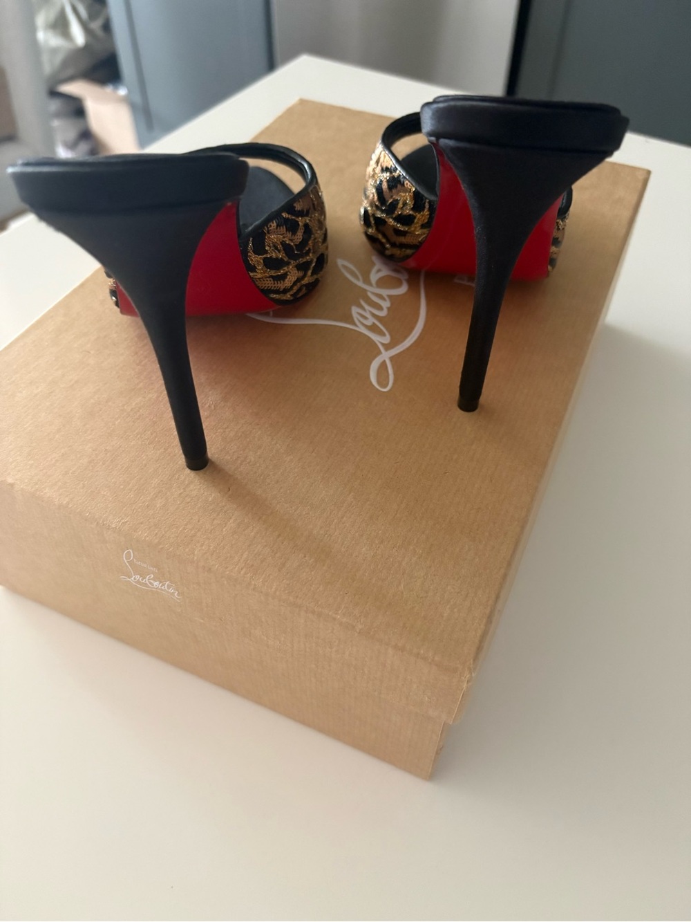 Christian Louboutin Black and Gold Embroidered Mule Heels - Picture 4 of 7